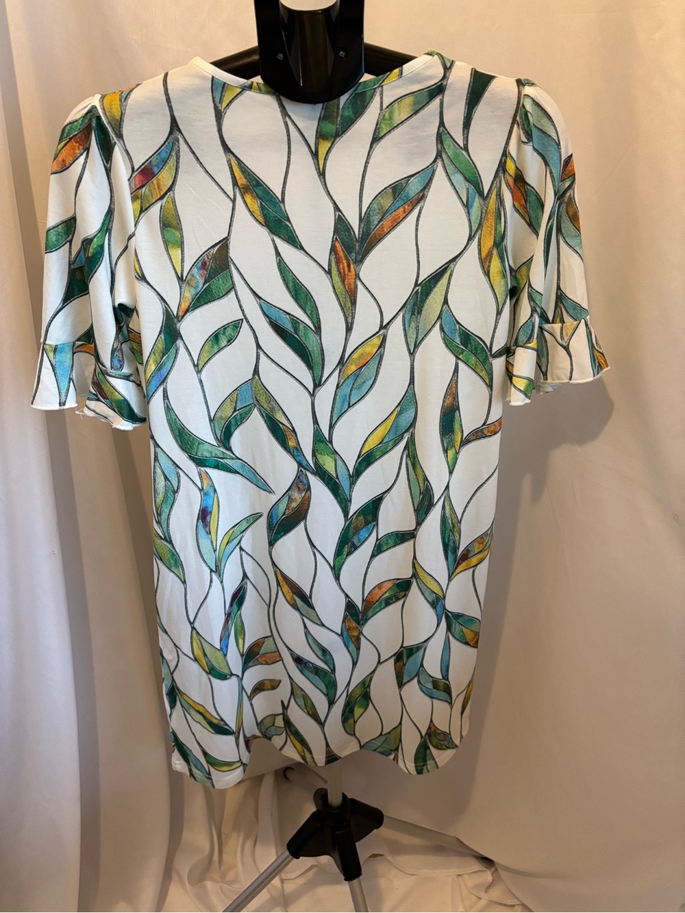 White V-Neck Mini Dress with Green & Teal Leaf Print - Picture 2 of 3